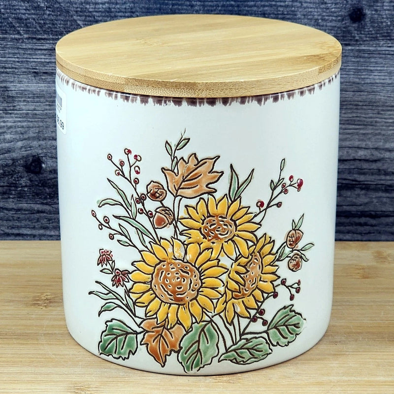 Load image into Gallery viewer, Floral Sunflower Canister & Bamboo Lid Embossed 5" Ceramic Jar Blue Sky Fall