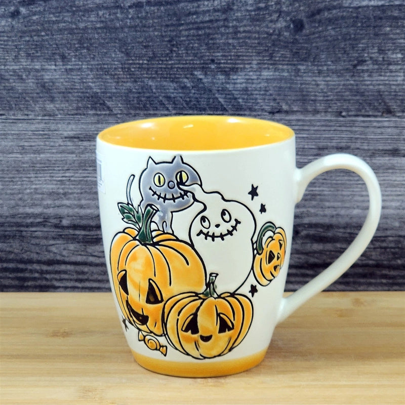 Load image into Gallery viewer, Whimsical Halloween Coffee Mug Jack-O-Lantern Orange Tea Cup Ceramic Blue Sky 18