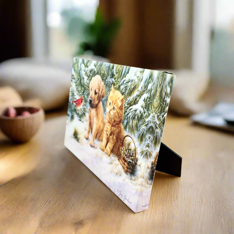 Load image into Gallery viewer, LED Lit Tabletop Picture Art Dog Cat and Cardinal Winter Scene by Greg Giordano