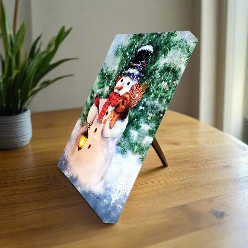 Load image into Gallery viewer, LED Lit Tabletop Picture Art of Snowman with Puppy Winter Scene by Giodano