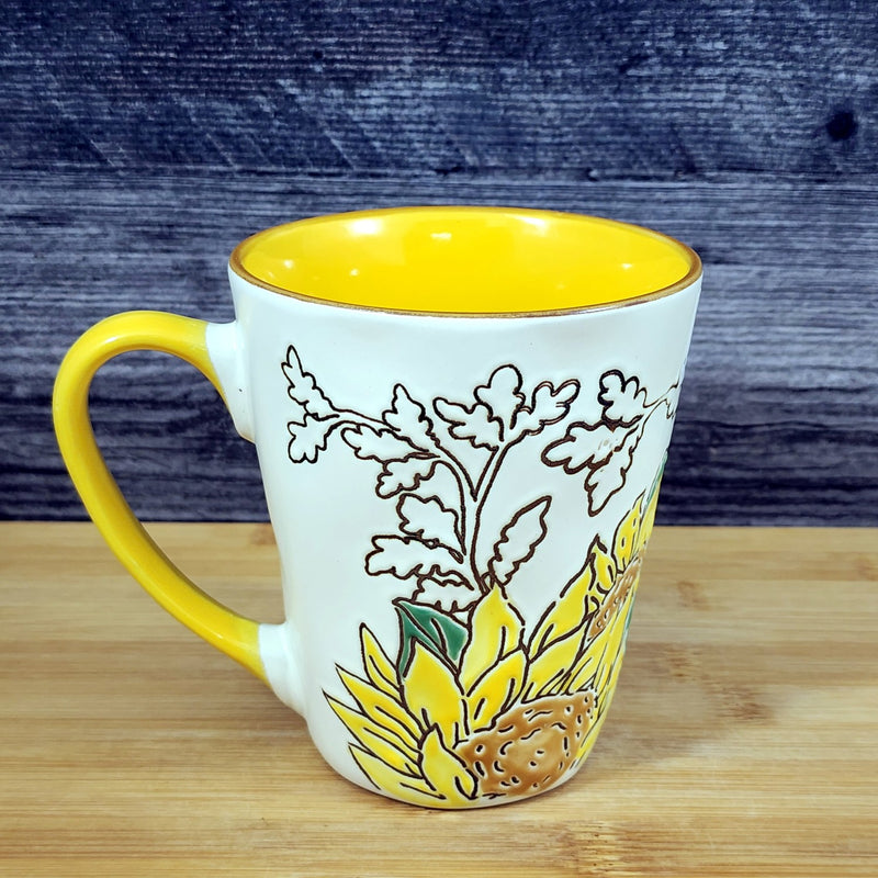 Load image into Gallery viewer, Gilded Sunflower Coffee Mug 17oz (455ml) Embossed Ceramic Tea Cup Blue Sky