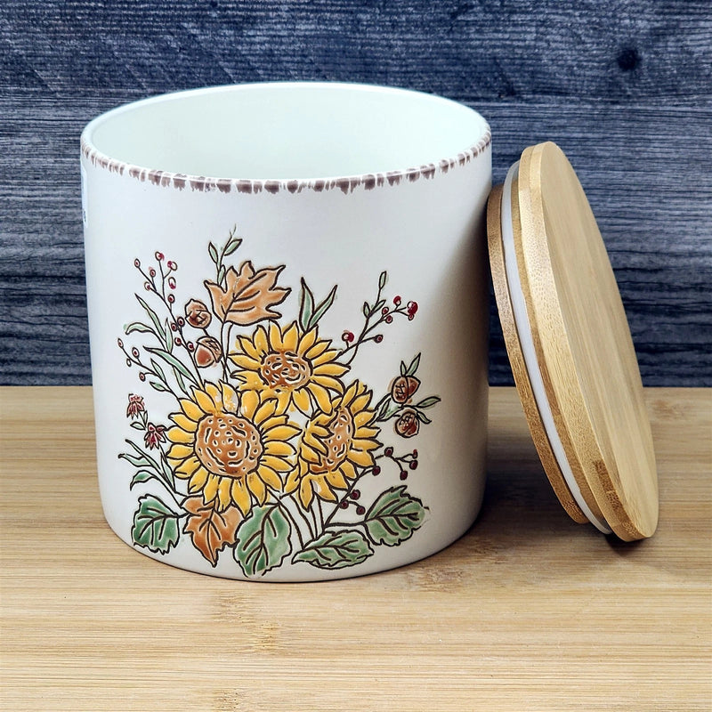 Load image into Gallery viewer, Floral Sunflower Canister & Bamboo Lid Embossed 5" Ceramic Jar Blue Sky Fall