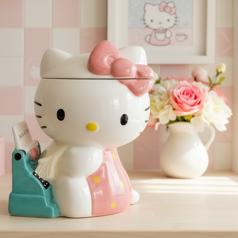 Load image into Gallery viewer, Hello Kitty cookie jar with a pink bow on a wooden surface