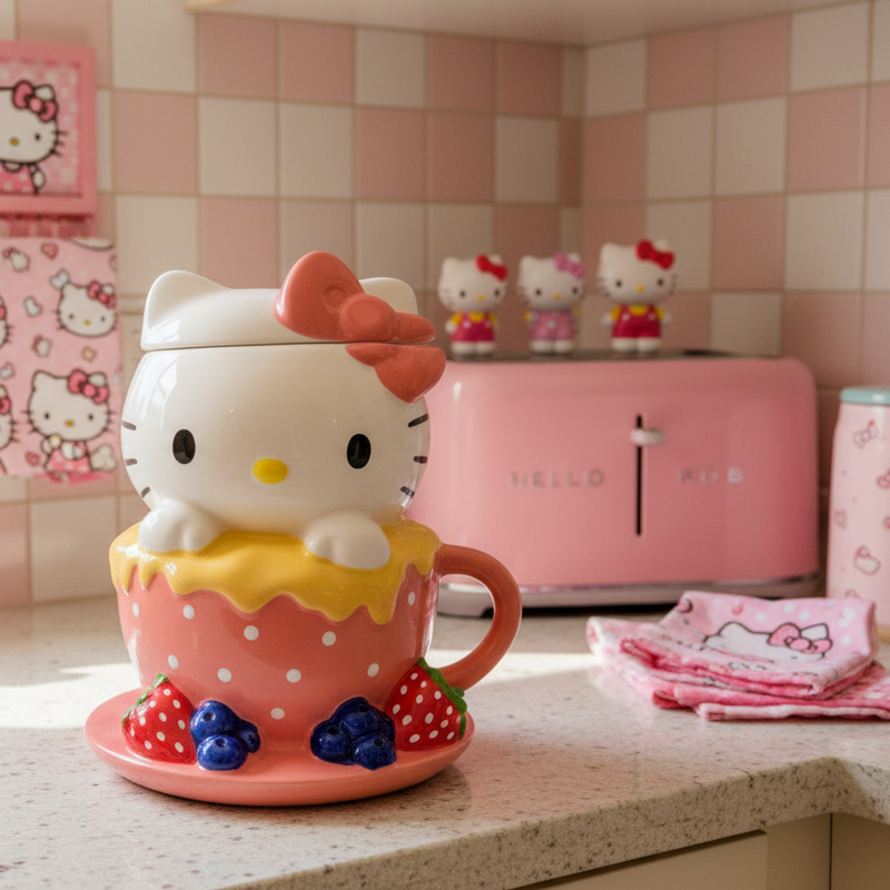 Load image into Gallery viewer, Hello Kitty character on a pink cup with strawberries and blueberries against a dark background