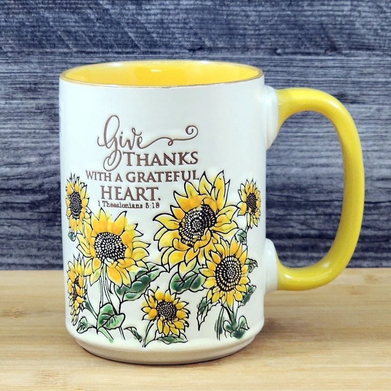 Load image into Gallery viewer, Religious Coffee Mug Thessalonians 5:18 & Sunflower Embossed 18 oz Cup Blue Sky