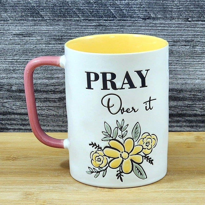 Load image into Gallery viewer, Religious Pray Coffee Mug Floral Yellow White Pink Embossed 18 oz Cup Blue Sky