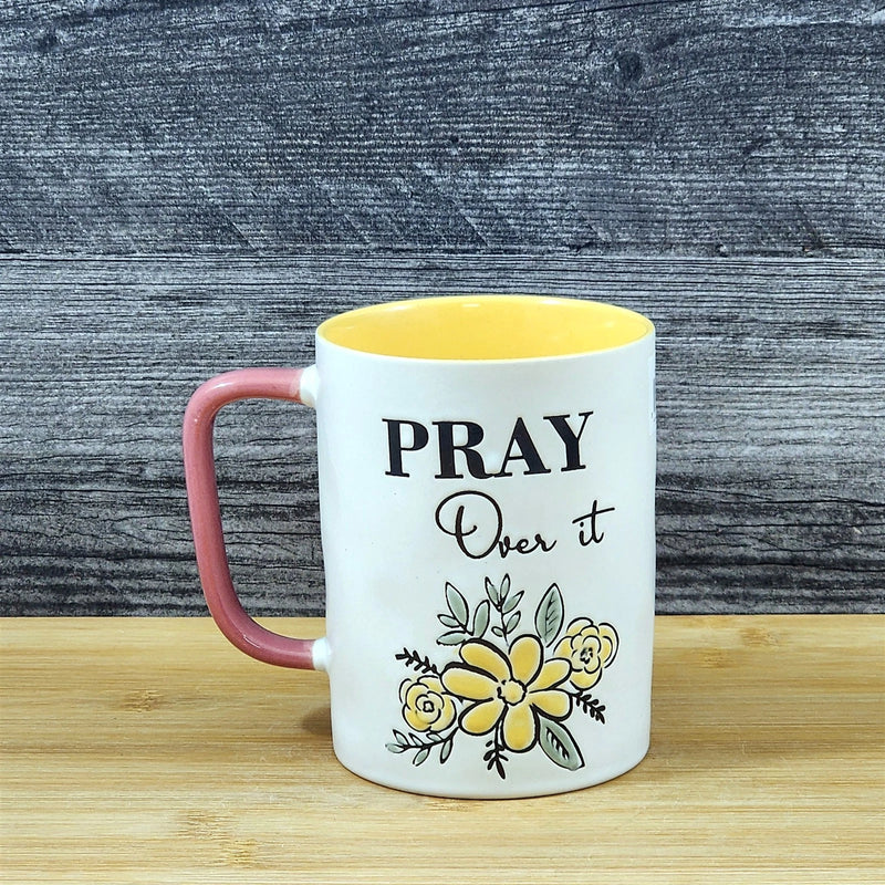 Load image into Gallery viewer, Religious Pray Coffee Mug Floral Yellow White Pink Embossed 18 oz Cup Blue Sky