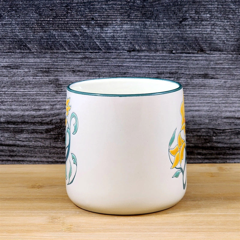 Load image into Gallery viewer, White Ceramic Mug with Yellow Daffodil Floral Embossed 18 oz Tea Cup Blue Sky
