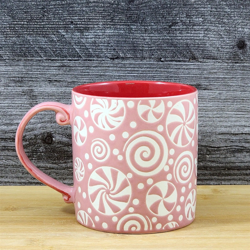 Load image into Gallery viewer, Holiday Coffee Mug Pink Peppermint Candy Christmas Ceramic Cup Red 18oz Blue Sky