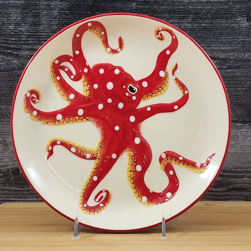 Load image into Gallery viewer, Red Octopus Dinner Plate Embossed Ceramic 10.5" Sea Nautical Blue Sky Goldminc