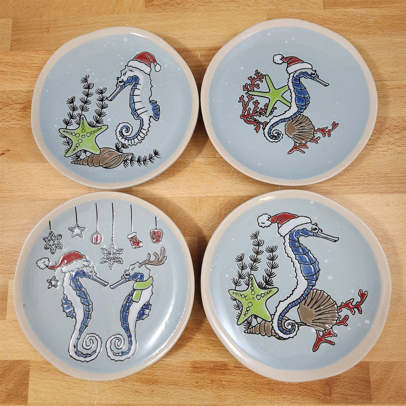 Load image into Gallery viewer, Tide of Festive Delights Set of 4 Appy Plate Seahorse Ceramic 8.5" Blue Sky