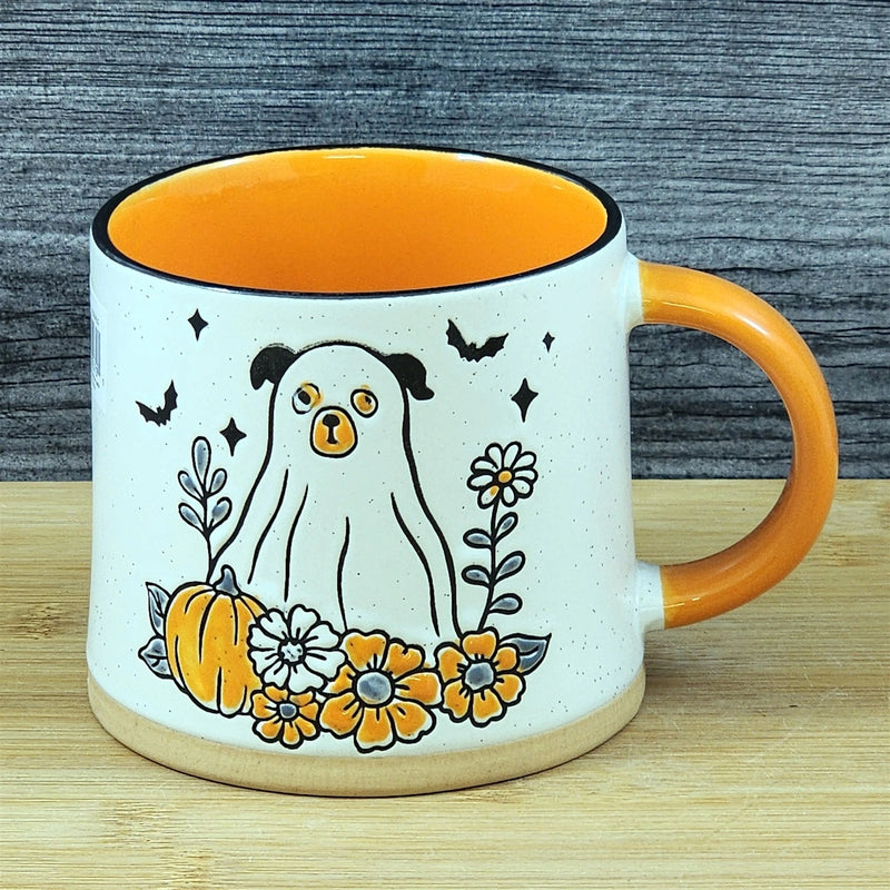 Load image into Gallery viewer, Halloween Ghost Dog Coffee Mug Pumpkin Ceramic Orange Flowers Cup Blue Sky 17oz