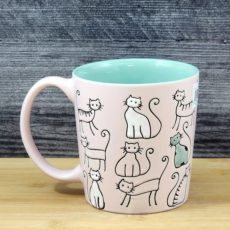 Load image into Gallery viewer, Cat Lover Coffee Mug Embossed Ceramic Tea Cup Blue Sky Pastel Pink 18oz