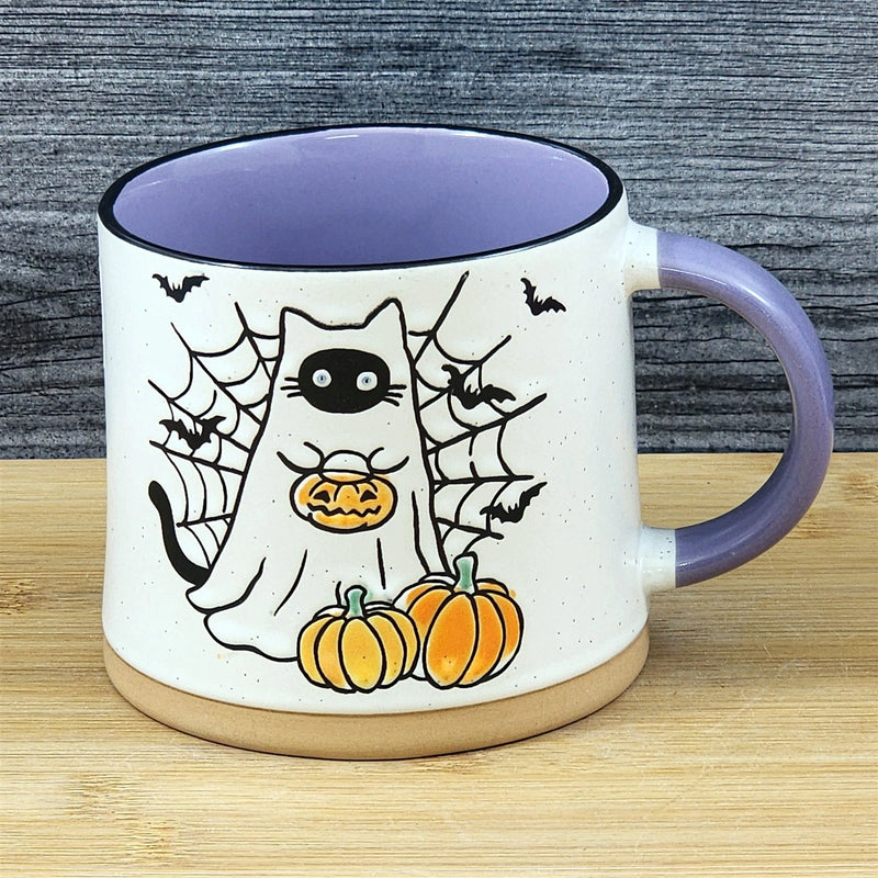 Load image into Gallery viewer, Halloween Ghost Cat Coffee Mug Pumpkin Ceramic Purple Flowers Cup Blue Sky 17oz