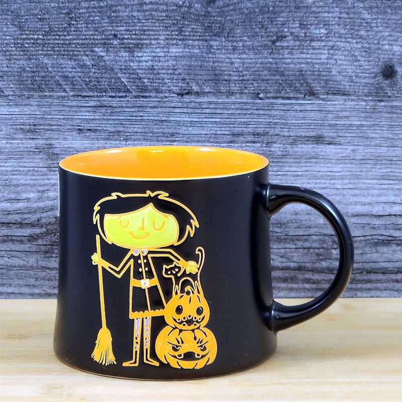 Load image into Gallery viewer, Whimsical Black Orange Halloween Mug Witch Cat Jack-O-Lanterns Ceramic Blue Sky