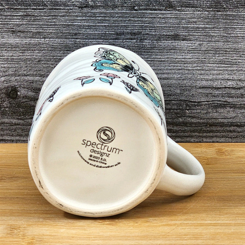 Load image into Gallery viewer, Butterfly Coffee Mug Floral Monarch Embossed Pink Ceramic Tea Cup Blue Sky 17oz