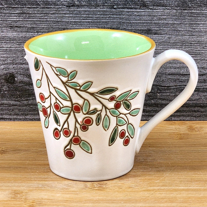 Load image into Gallery viewer, Holiday Cranberry Pine Coffee Mug Green Embossed Christmas Cup Blue Sky 17oz
