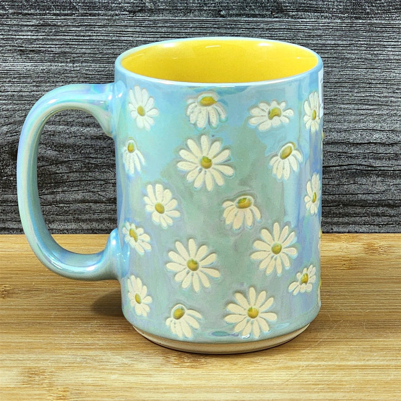 Load image into Gallery viewer, Coffee Mug White Daisy Summer Yellow Tea Cup Ceramic Embossed Blue Sky 18oz