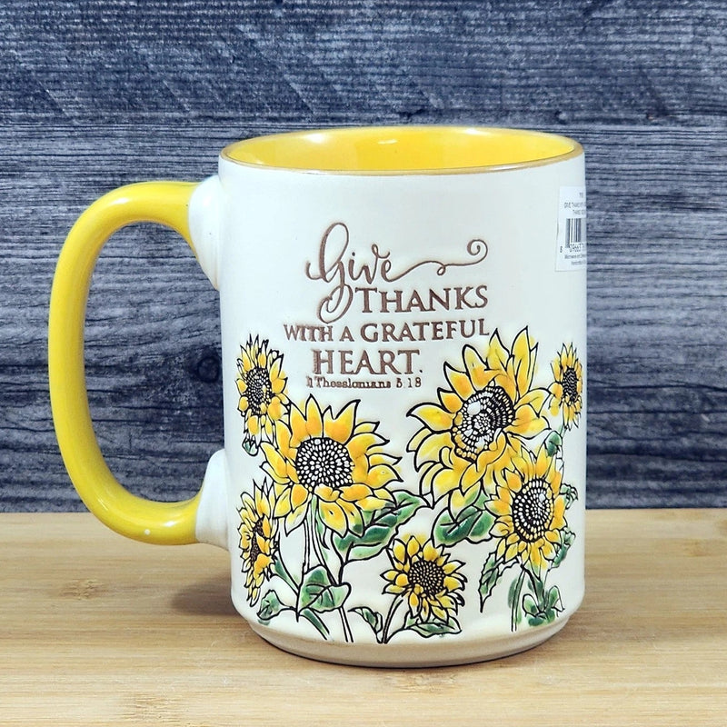 Load image into Gallery viewer, Religious Coffee Mug Thessalonians 5:18 & Sunflower Embossed 18 oz Cup Blue Sky