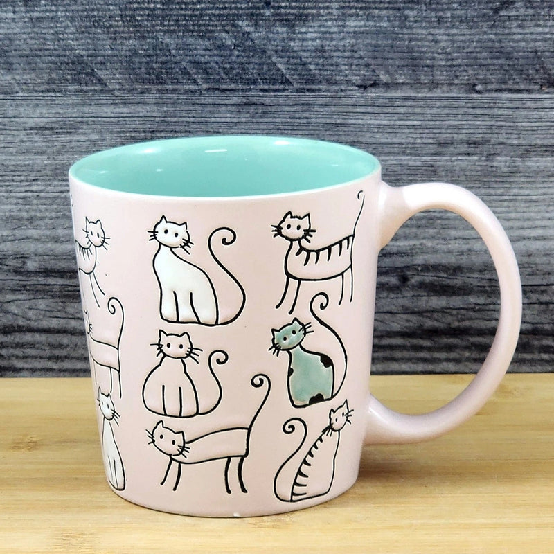 Load image into Gallery viewer, Cat Lover Coffee Mug Embossed Ceramic Tea Cup Blue Sky Pastel Pink 18oz
