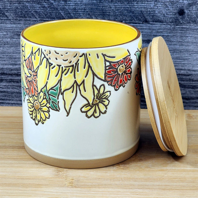 Load image into Gallery viewer, Brandywine Sunflower Canister & Bamboo Lid Embossed 5" Ceramic Jar Blue Sky