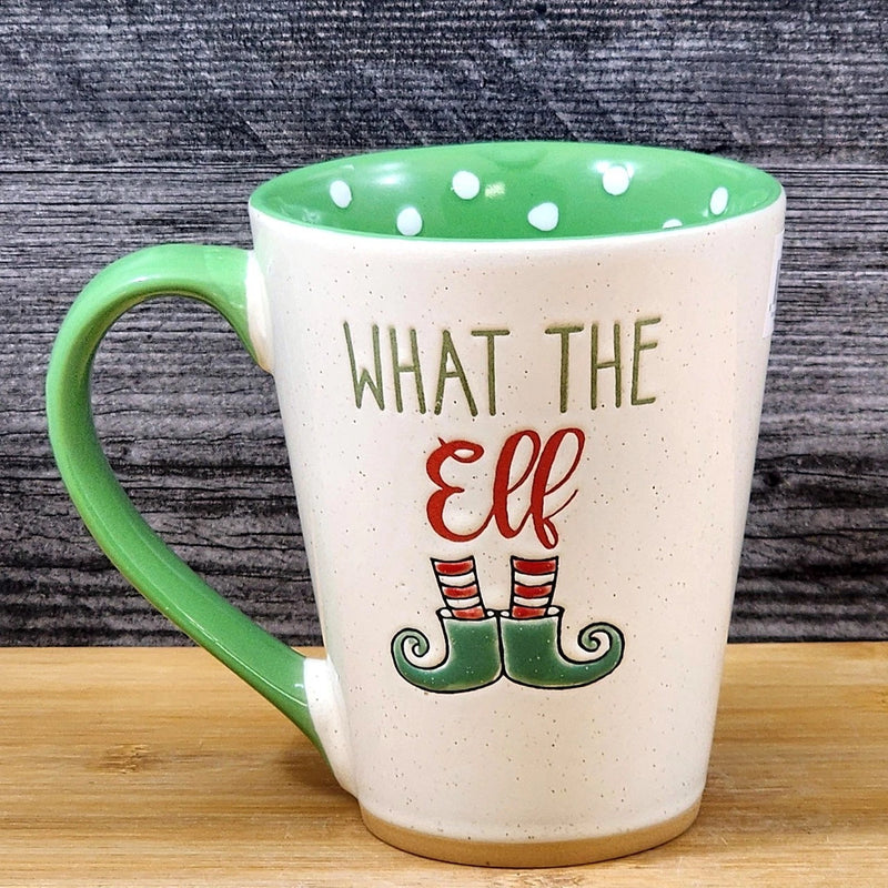 Load image into Gallery viewer, Holiday Elf Saying Coffee Mug Ceramic Green Christmas Embossed Cup Blue Sky 18oz