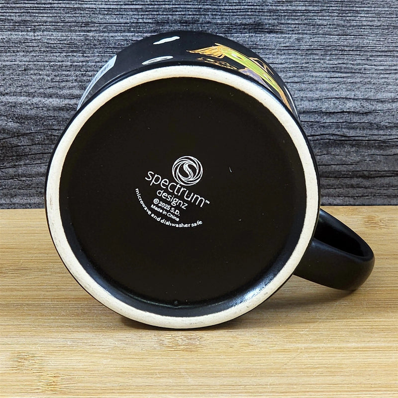 Load image into Gallery viewer, Halloween Mug Whimsical Black Orange Witch Cat Skull Bats Ceramic Cup Blue Sky