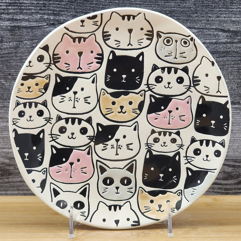 Load image into Gallery viewer, Cat Faces Salad Plate Whimsical Serving Tray Embossed Ceramic Blue Sky 8 in