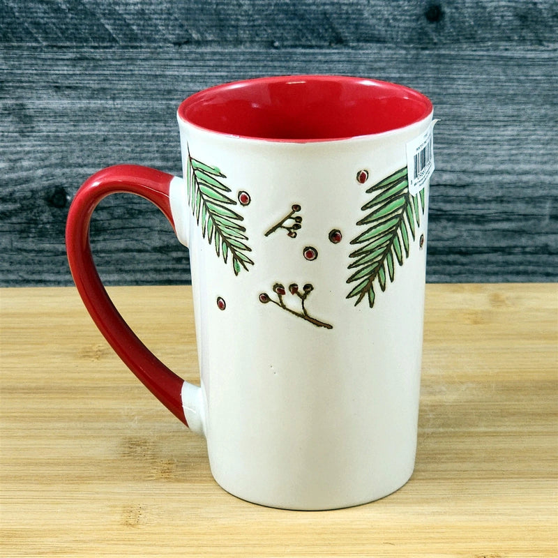 Load image into Gallery viewer, Christmas Coffee Mug Pine Berry Holiday Red Embossed Cup Ceramic Blue Sky 17oz