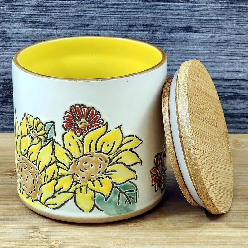 Load image into Gallery viewer, Brandywine Sunflower Canister & Bamboo Lid Embossed 4" Ceramic Jar Blue Sky