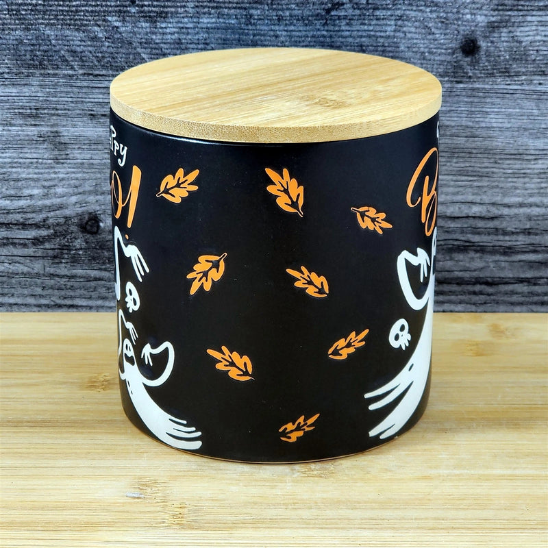 Load image into Gallery viewer, Halloween Ghosts Canister and Bamboo Lid Embossed 4" Ceramic Jar Blue Sky Orange