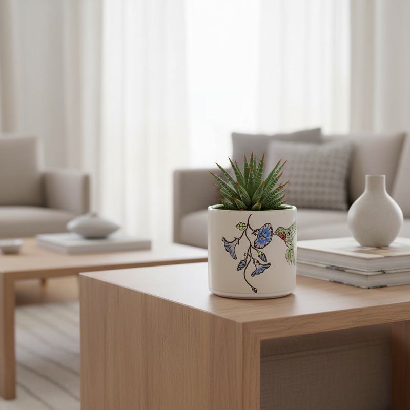 Load image into Gallery viewer, Hummingbird Planter Ceramic Utensil Organizer Herb Succulent Pot Blue Sky 5in