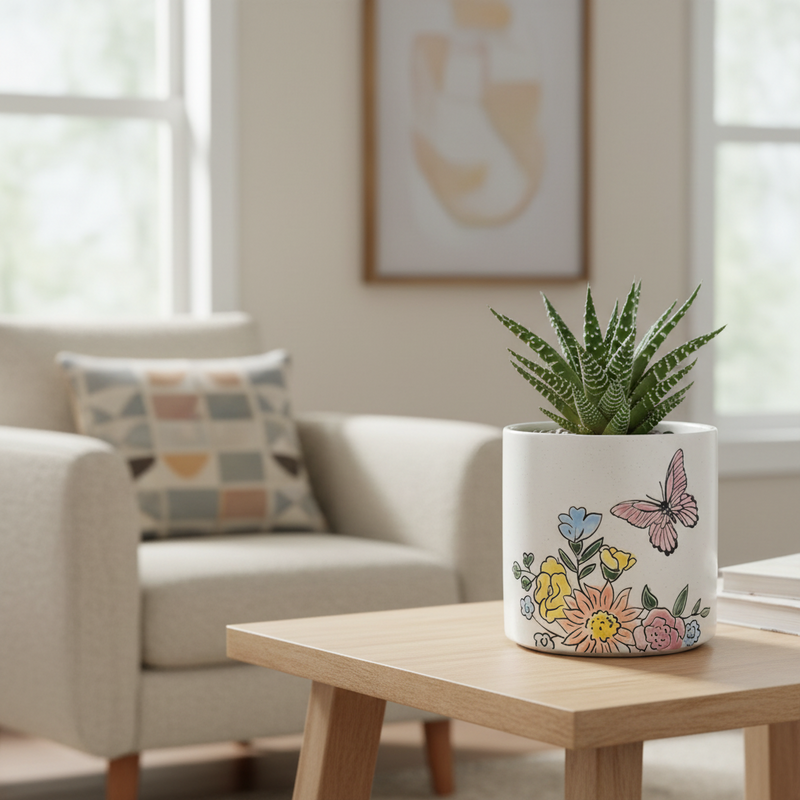 Load image into Gallery viewer, Butterfly Wildflower Planter Utensil Organizer Plant Ceramic Crock Blue Sky 5in