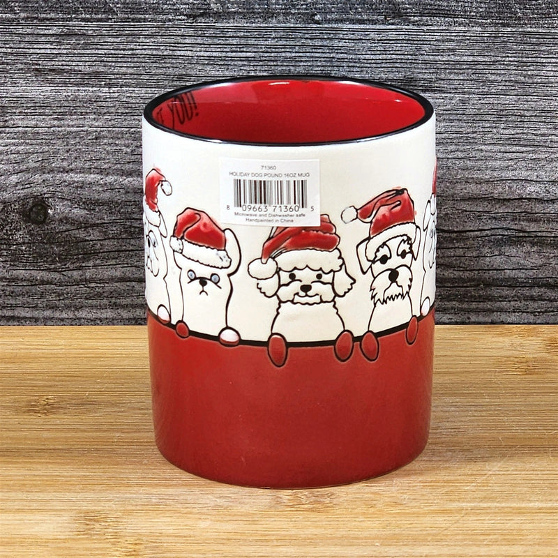 Load image into Gallery viewer, Holiday Dogs in Santa Hats Ceramic Mug Red by Blue Sky Ceramic Embossed Cup 16oz