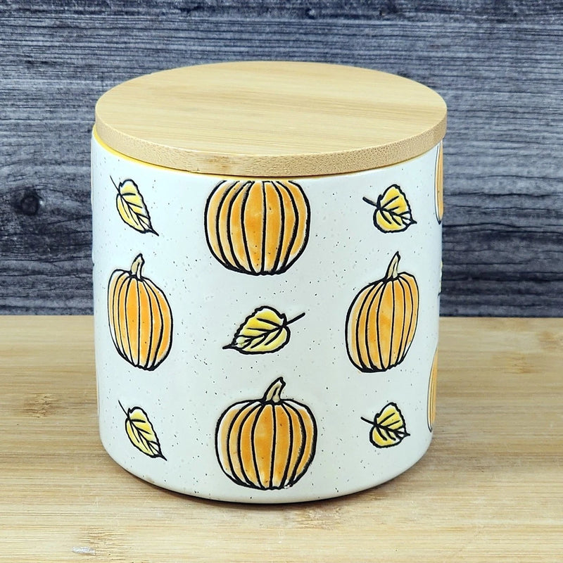 Load image into Gallery viewer, Fall Pumpkin Canister & Bamboo Lid Embossed 4" Ceramic Yellow Jar Blue Sky