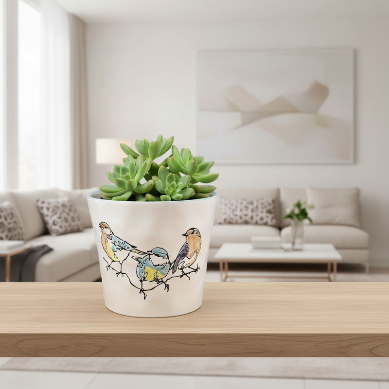 Load image into Gallery viewer, Elmwood Bird Style Ceramic Planter Songbirds Pot Herbs Succulents Blue Sky 5in