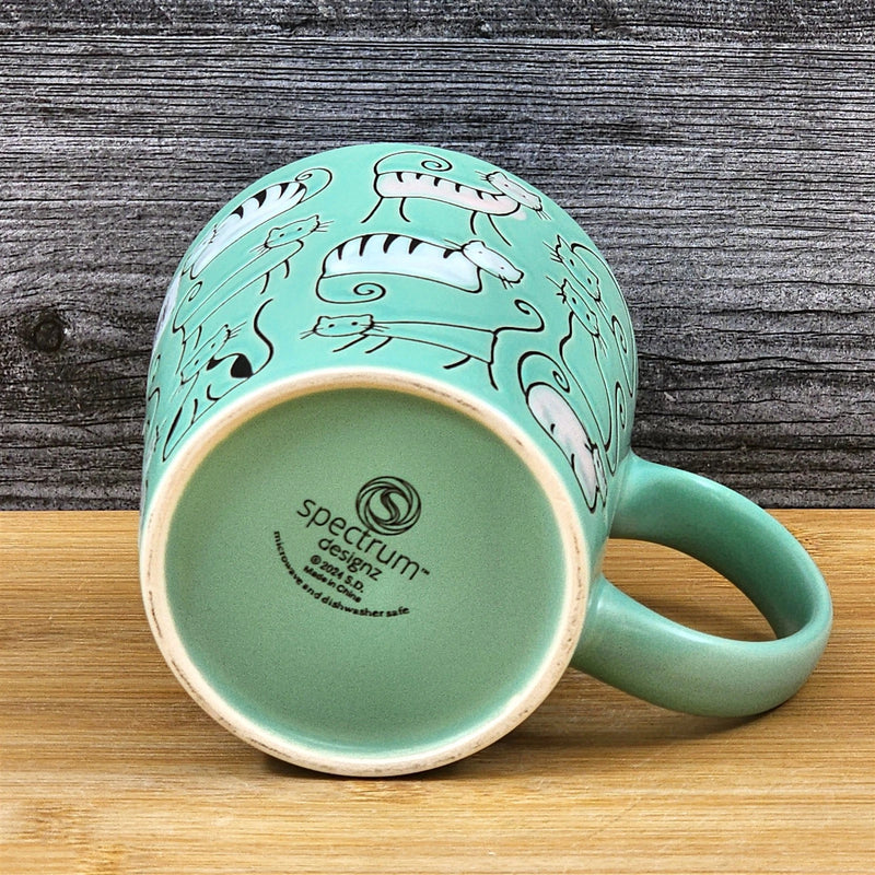 Load image into Gallery viewer, Cat Lover Coffee Mug Pastel Pink Green Embossed Ceramic Tea Cup Blue Sky 18oz