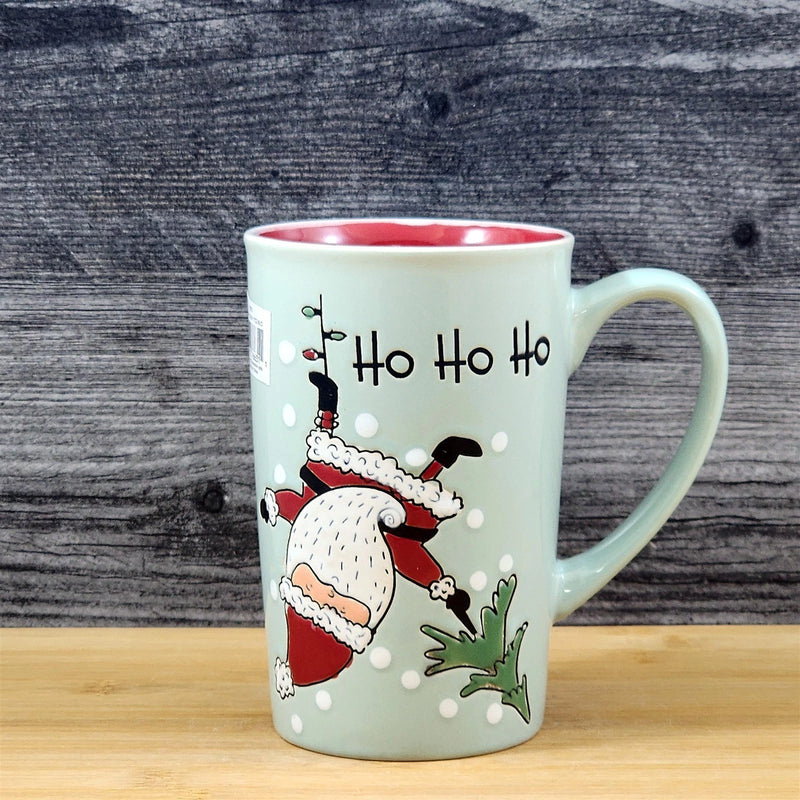 Load image into Gallery viewer, Santa Coffee Mug Christmas Holiday Green Embossed Tea Cup Ceramic Blue Sky 17oz