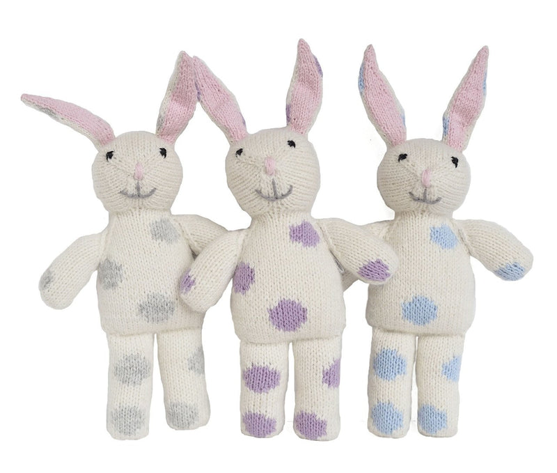 Load image into Gallery viewer, Easter Bunnies with Pastel Polka-dotted Spring Decor Set of 3 Handmade Knitted in Lima