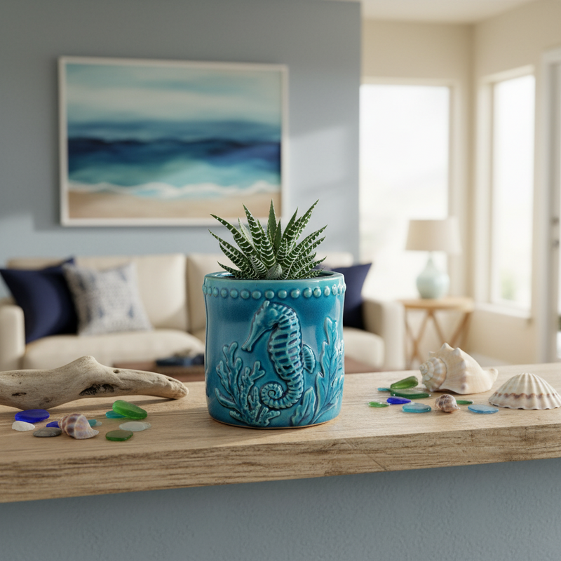 Load image into Gallery viewer, Sea Horse Ocean Planter Ceramic Utensil Organizer Herb Succulent Blue Sky 5in