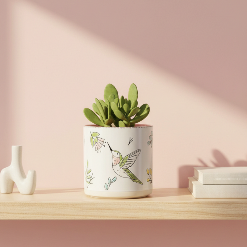 Load image into Gallery viewer, Hummingbird Planter Ceramic Utensil Organizer Pink Succulent Pot Blue Sky 5in