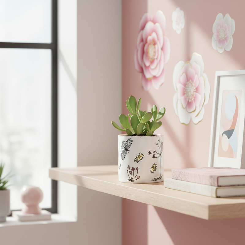 Load image into Gallery viewer, Butterfly Planter Utensil Organizer Flower Succulent Pink Ceramic Blue Sky 5in