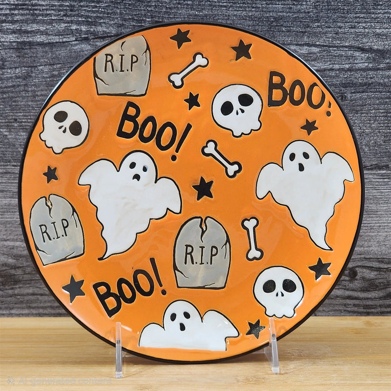 Load image into Gallery viewer, Halloween Happy Ghosts Round Ceramic Orange Salad Plate 8" Blue Sky ELI and ANA