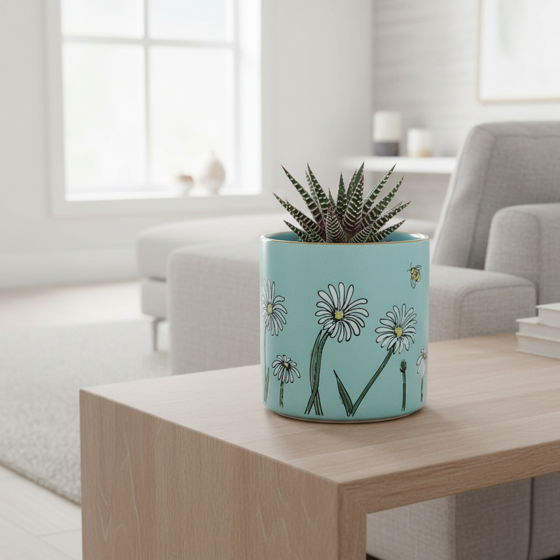 Load image into Gallery viewer, Daisy Bee Field Planter Utensil Organizer Succulent Plant Ceramic Blue Sky 5in