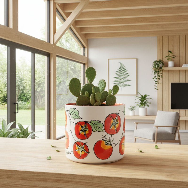 Load image into Gallery viewer, Garden Red Tomato Planter Utensil Organizer Pot Ceramic Crock Blue Sky 5in