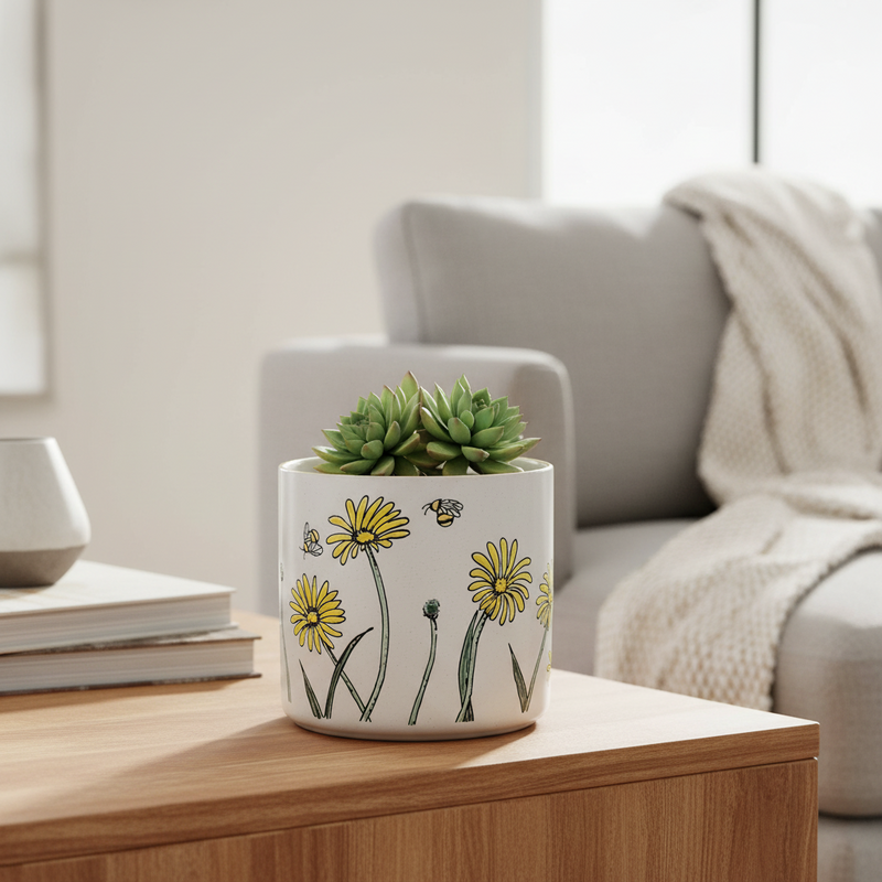 Load image into Gallery viewer, Daisy Bee Field Planter Utensil Organizer Succulent Plant Ceramic Blue Sky 6.5in