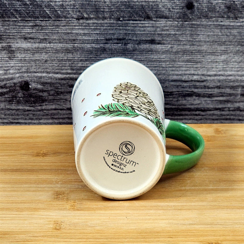 Load image into Gallery viewer, Coffee Mug Christmas Pine Cone Holiday Green Embossed Cup Ceramic Blue Sky 17oz