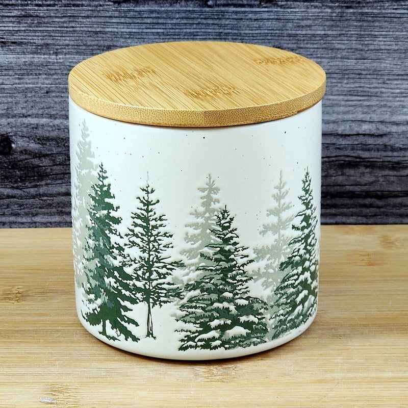 Load image into Gallery viewer, Forest Woods Tree's Canister & Bamboo Lid Embossed Ceramic Green Jar Blue Sky 4"