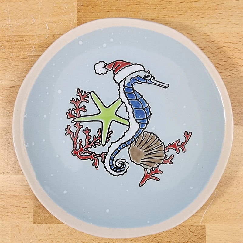 Load image into Gallery viewer, Tide of Festive Delights Set of 4 Appy Plate Seahorse Ceramic 8.5" Blue Sky