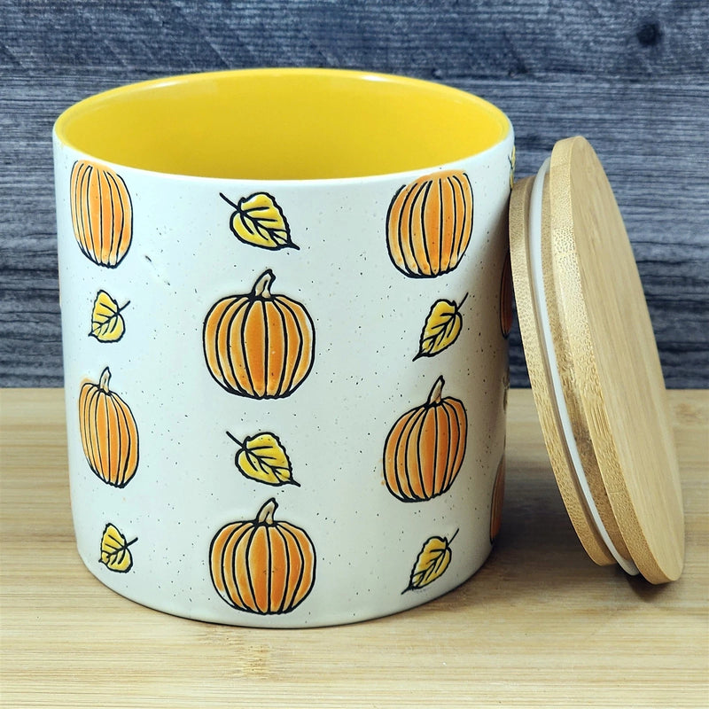 Load image into Gallery viewer, Fall Pumpkin Canister & Bamboo Lid Embossed 5" Ceramic Yellow Jar Blue Sky